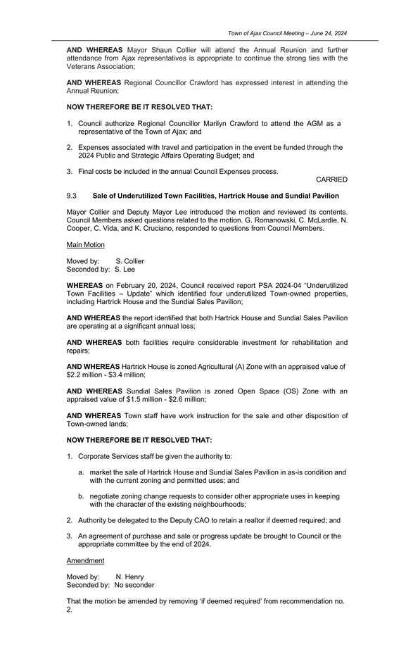 Page 7 of the Town of Ajax Council minutes for 24 June 2024, showing item 9.3, Sale of Underutilized Town Facilities, Hartrick House and Sundial Pavilion, moved by S. Collier and seconded by S. Lee, and the resolution authorising staff to market both properties.