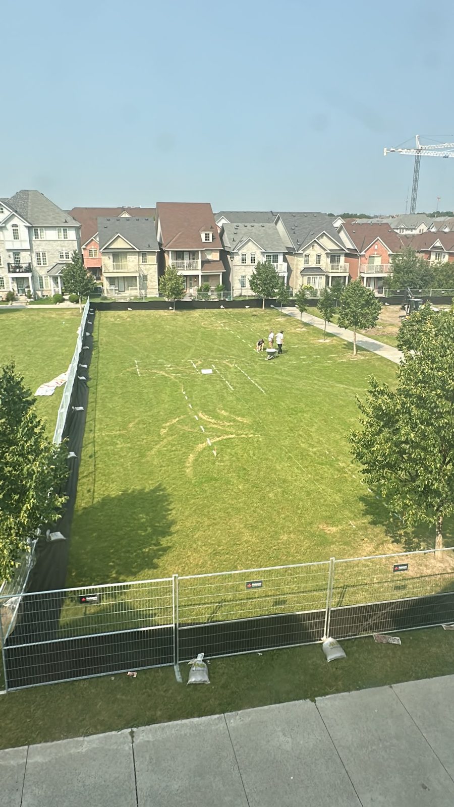 The same field, fenced and marked. The torn banner lies at the left.